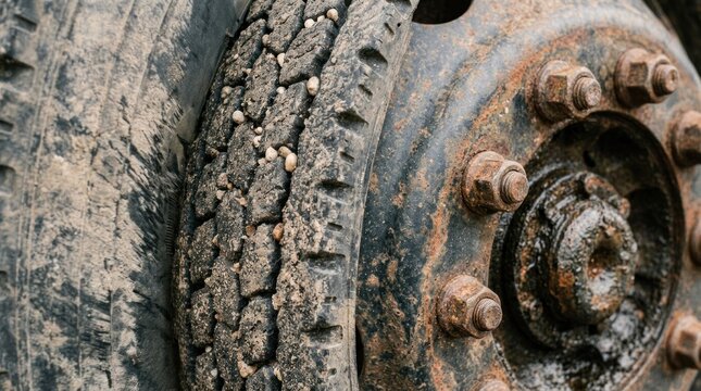 Close-up of a dirty heavy duty truck tire covered in dried mud and rust on the metal wheel rim