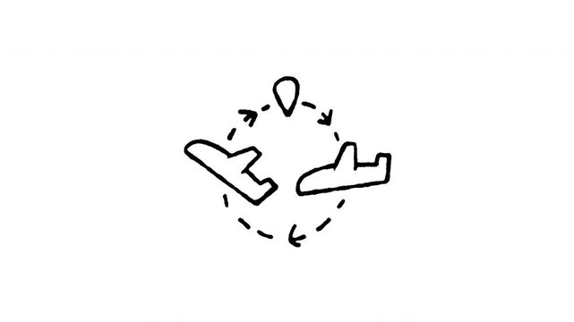 4K hand drawn flight connection or transfer pop-up icon featuring boiling line animation. Frame by frame line art on black and green screen backgrounds for airport transit, plane transfer, travel rout