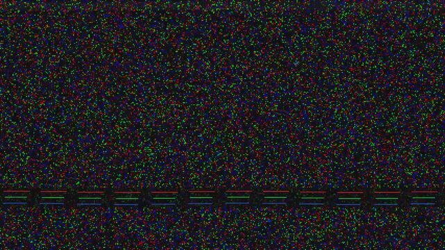 Digital television static noise animation showing colorful pixel grain texture with horizontal signal interference motion lines