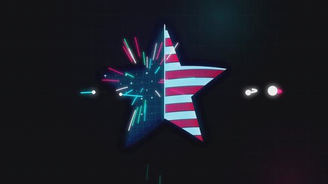 Animated star graphic with american flag patterns and glowing light streaks in this digital motion clip