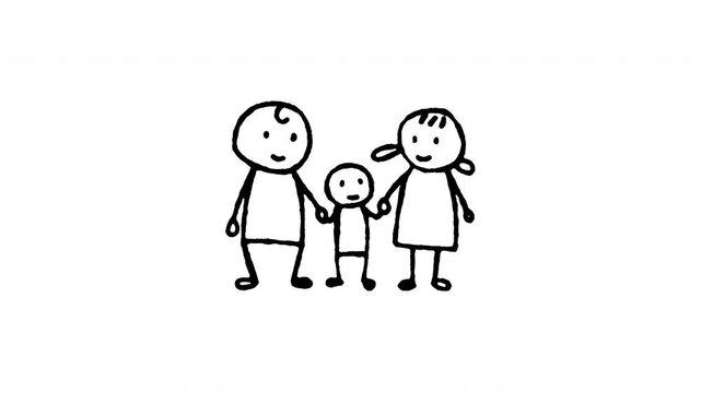 4K hand drawn happy family with child icon featuring boiling line animation. Frame by frame line art on black and green screen backgrounds for parents child, family travel, kid tourism.