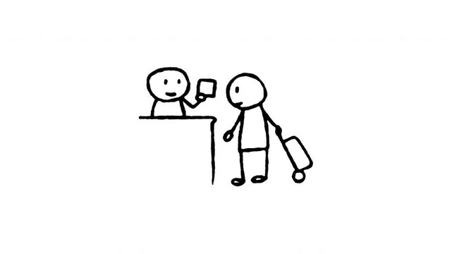 Hand drawn 4K immigration checkpoint doodle animation with boiling line motion. Frame by frame outline on black and green screen backgrounds, perfect for passport control, border desk.