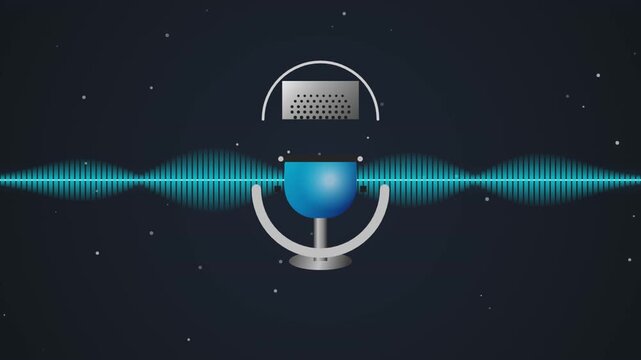 Blue studio microphone recording sound wave motion animation for podcast broadcasting in dark digital space background