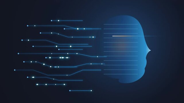 Artificial intelligence face silhouette processing digital data stream in dynamic motion video animation for modern technology
