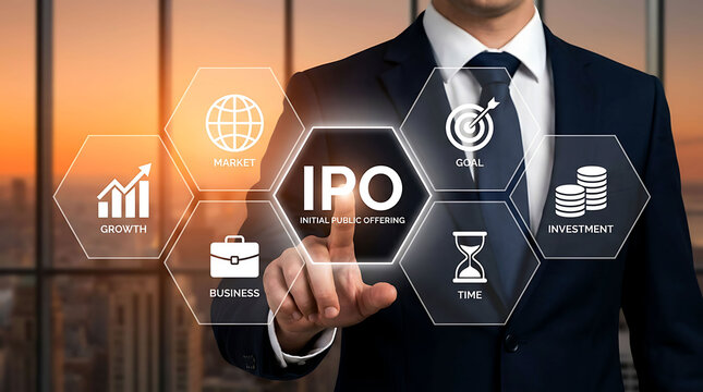 Businessman touching IPO initial public offering icon financial market investment
