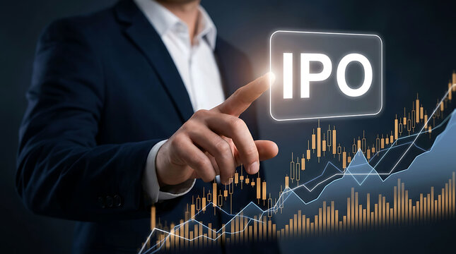 Businessman touching IPO initial public offering icon stock market growth chart