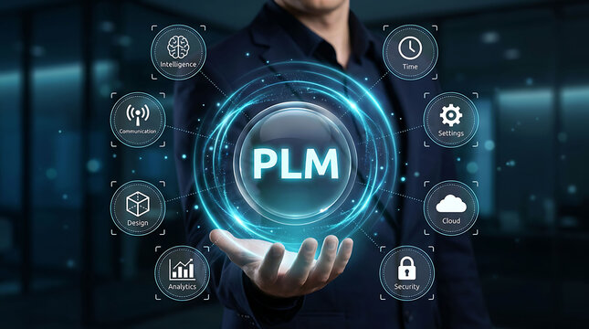Businessman holding PLM sphere for product lifecycle management integration
