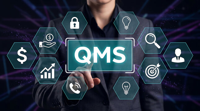 Businesswoman touching QMS screen for quality management system concept
