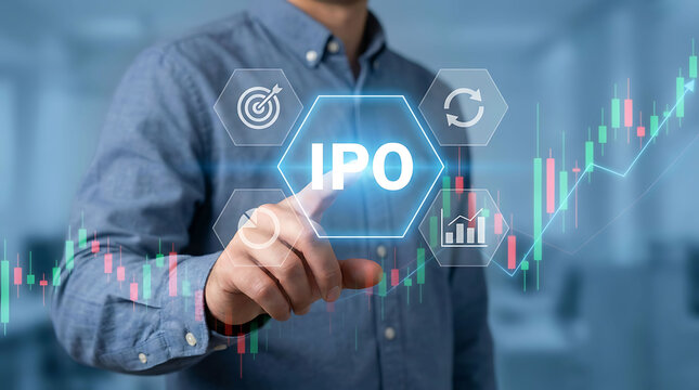 Businessman touching IPO icon screen for initial public offering investment