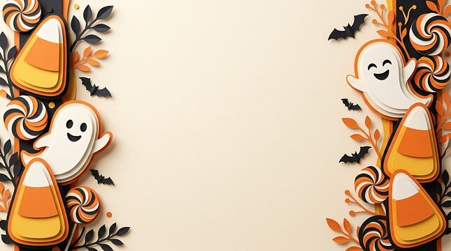A festive halloween background featuring cute ghost cookies and candy corn decorations arranged on a light beige textured paper surface