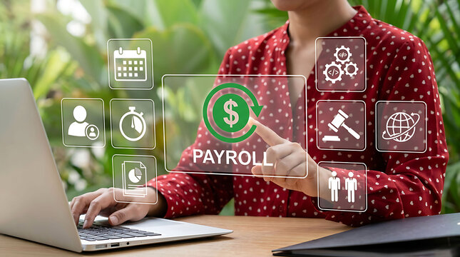 Woman touching green payroll icon screen while typing on laptop