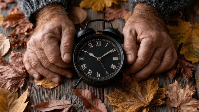 Senior hands beside vintage alarm clock and autumn leaves representing fall time change and Daylight Saving Time