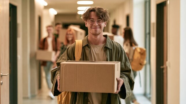 Young male college student carrying moving box through dormitory hallway during university move-in day