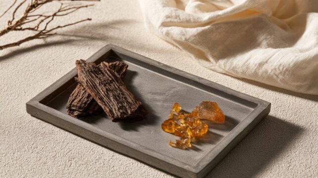 Raw amber resin and cracked desert tree bark on concrete tray with linen cloth, natural home care concept
