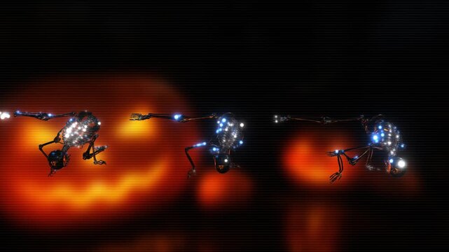 Three glowing skeletons pose in midair before a giant glowing pumpkin face in a dark cinematic 3D render for halloween party club visualizers