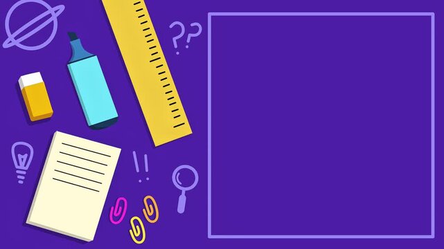 Cartoon animation of school supplies on a purple backdrop with an empty frame for content.