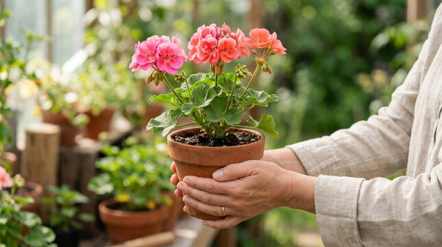 Geranium bloom in hands: A person holds a terracotta pot overflowing with vibrant pink and orange geranium flowers, nurtured in the warmth of a greenhouse, symbolizing growth and care.