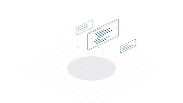 Minimalist isometric 3D illustration of floating code window titled AI Architect on white perspective grid floor.