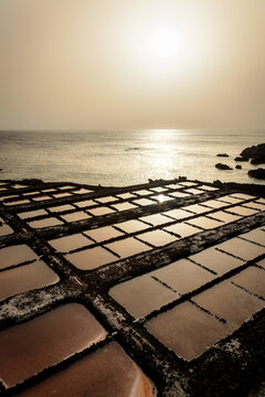Sunset at the Salinas de Fuencaliente, salines in the south of La Palma, Canary Islands, Spain.