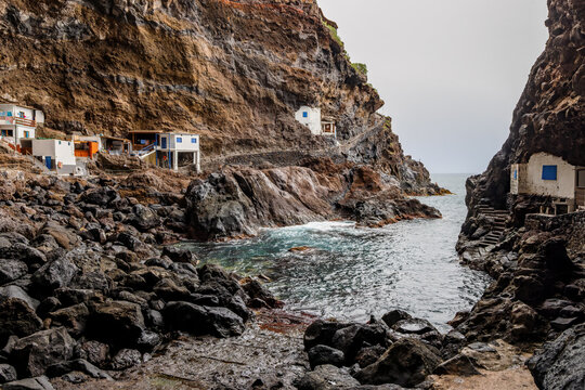 Poris de Candelaria, a small fishing village in a natural cave in the steep coast on La Palma, Canary Islands, Spain.