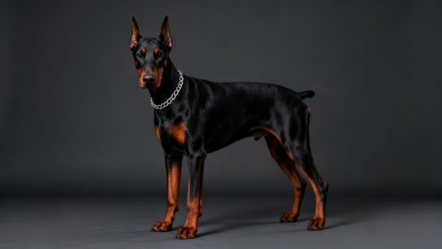 Full body shot of an elegant black Doberman Pinscher standing with a silver collar on a dark gray background