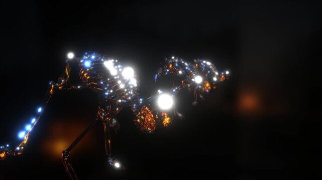 Glass skeletons performing break dance moves with bright lens flares and glowing light points in a spooky Halloween DJ visual background