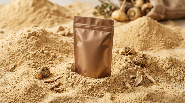 Maca root powder in a brown pouch surrounded by raw maca roots