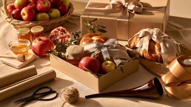Rosh Hashanah gift wrapping station with honey jar, apples, wrapped challah, pomegranate, kraft paper and rib&hellip;
