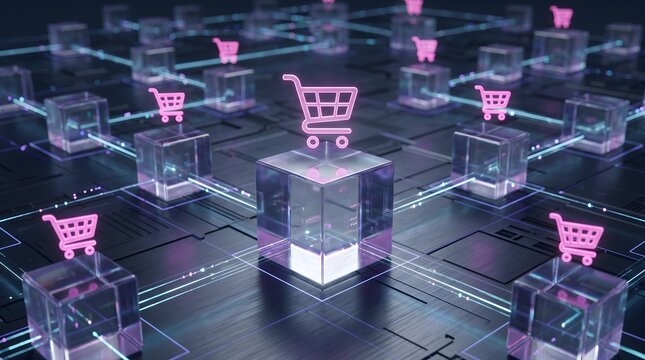 Pink shopping cart icons on digital cubes connected by neon lines