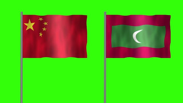 Flag of Maldives and China, Pole flag of Maldives and China on Green screen chroma key, Maldives and China flag waving.
