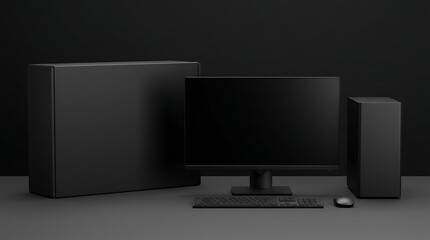 Fototapeta premium Sleek matte black desktop computer workstation setup with packaging box mockup