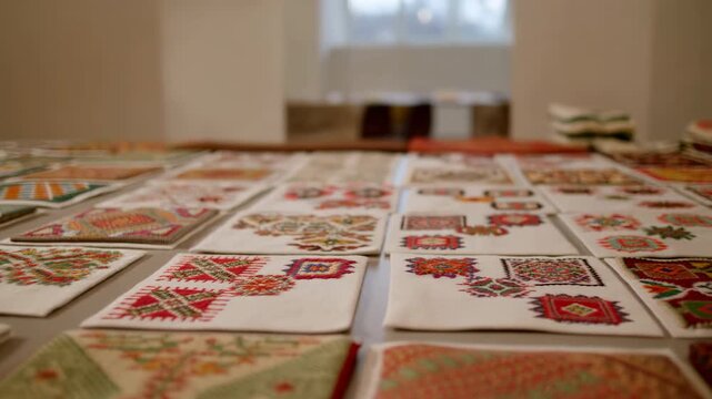 Low angle view of embroidered textile squares arranged in neat grid on tabletop inside bright gallery space with soft daylight and shallow depth of field, with embroidery, fabric, textile, square