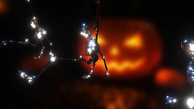 Glowing breakdancing skeletons perform acrobatics with light flares against a blurred jack o lantern pumpkin background in a Halloween club DJ visual