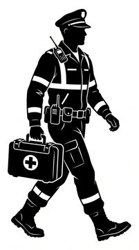 Black Medic Silhouette, Walking First Responder With Medical Bag, Paramedic Icon, Emergency Service Vector Illustration, Rescue