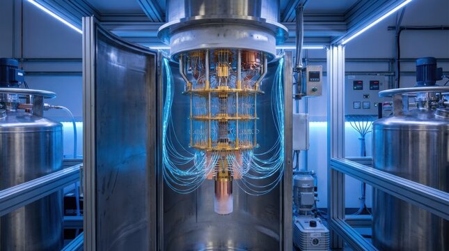 High-Tech Quantum Computer Processor Inside Cryogenic Laboratory Scientific Technology Glowing Blue Lighting Engineering Concept Futuristic