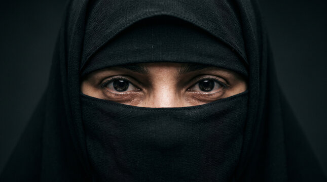 Close-up portrait of a Muslim woman wearing a traditional black niqab, with only her expressive eyes visible, surrounded by others.