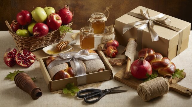 Rosh Hashanah gift wrapping station with honey jar, apples, wrapped challah, pomegranate, kraft paper and rib&hellip;
