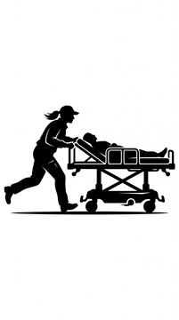 Medical emergency silhouette, paramedic pushing patient on hospital gurney, healthcare worker rushing with stretcher, first responder icon