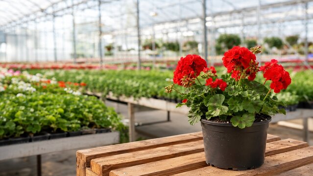 Horticultural greenhouse photography showcasing vibrant red geranium flowers in a pot on a wooden table amidst lush greenery for sustainable gardening concepts