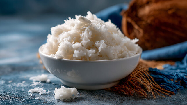Fresh grated coconut in a white bowl with coconut husk and blue cloth tropical ingredient