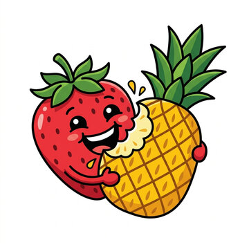 Cute strawberry character eating pineapple. Funny fruit mascot biting tropical fruit.