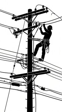 Utility technician repairing power lines silhouette on tall wooden pole, electrician worker climbing, power line repair illustration vector set isolated black graphic