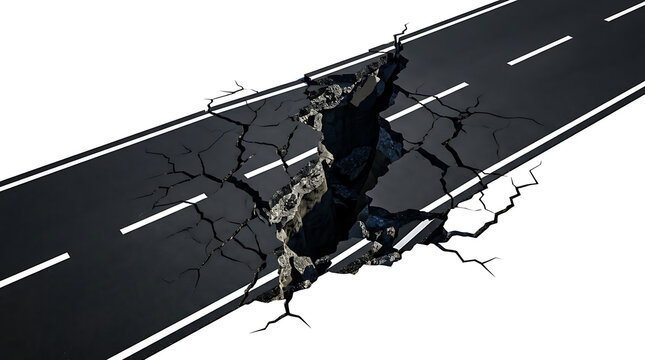 Devastating road collapse creating a perilous deep fissure in the asphalt during a massive natural disaster