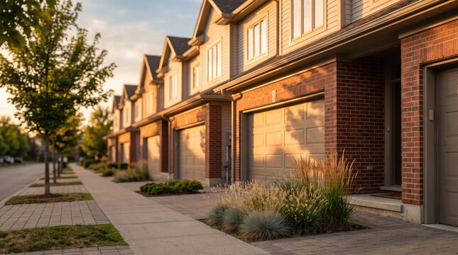 Suburban Townhouse Community Street View at Golden Hour with Landscaped Walkway