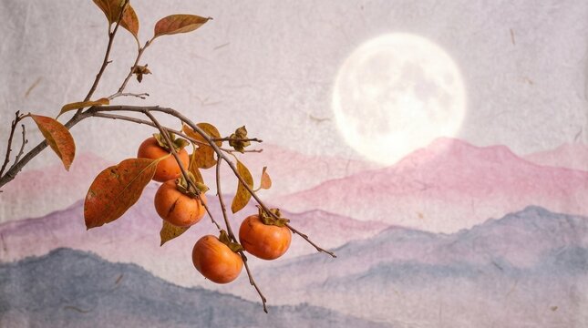 Autumn persimmons branch with bright moon and pink mountains