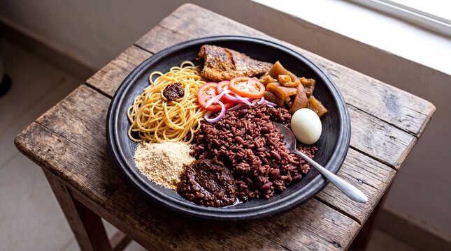 Traditional Ghanaian Waakye Rice and Beans Served with Spaghetti, Shito, and Fish in a Clay Bowl