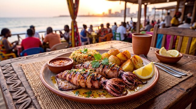Traditional Angolan Lulas Grelhadas Grilled Squid Served at a Scenic Beachfront Restaurant during Sunset