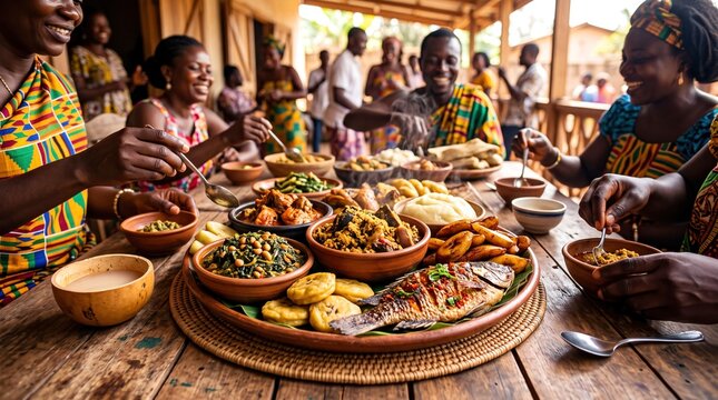 Traditional Cameroonian Born House Platter Feast Shared by Joyful People in African Attire