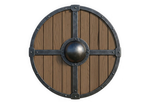 Round wooden medieval shield with metal frame isolated on transparent