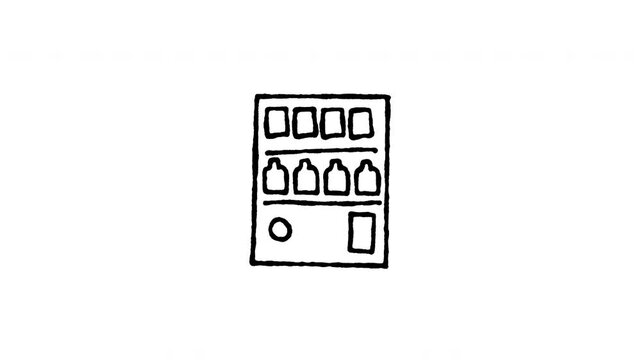 Animated 4K vending machine doodle icon with line boil action. Hand drawn line art on black and green screen backgrounds for automated snack dispenser, drink dispenser, station machine edits.